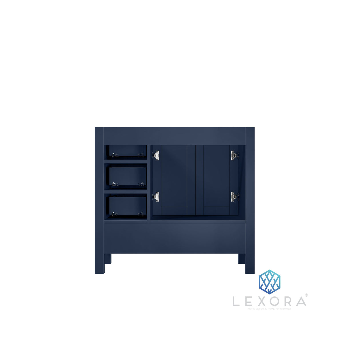 Jacques 36" Navy Blue Single Vanity, White Carrara Marble Top, White Square Sink and 34" Mirror w/ Faucet - Left Version