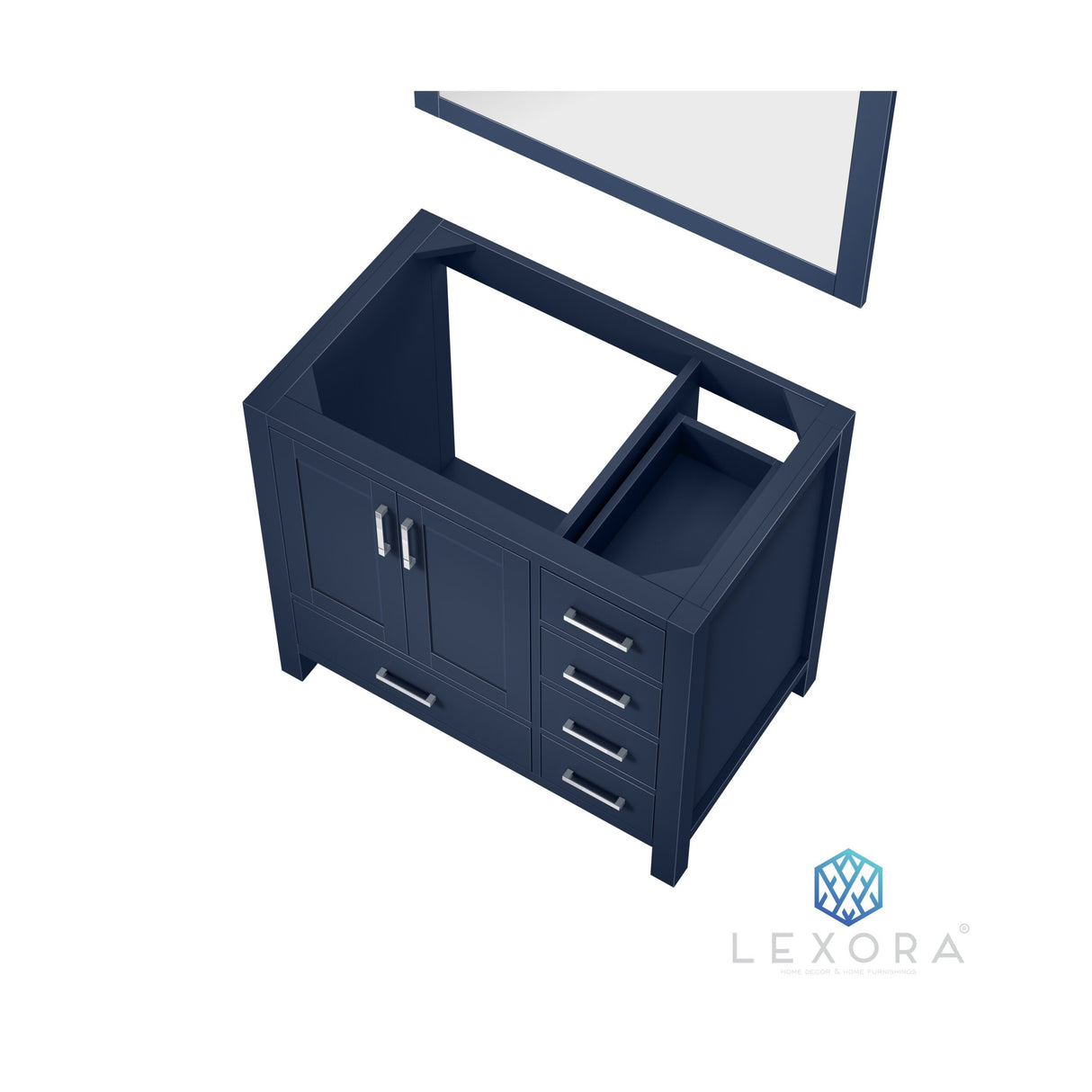 Jacques 36" Navy Blue Single Vanity, White Carrara Marble Top, White Square Sink and 34" Mirror w/ Faucet - Left Version