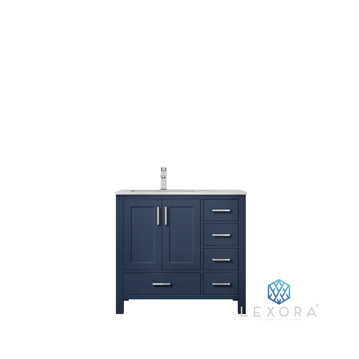 Jacques 36" Navy Blue Single Vanity, White Carrara Marble Top, White Square Sink and 34" Mirror w/ Faucet - Left Version