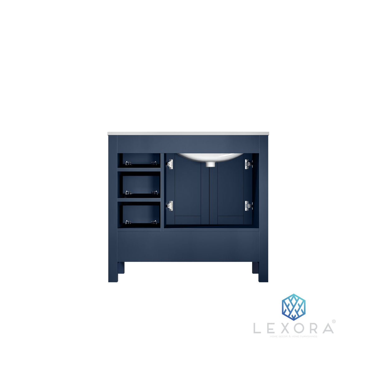 Jacques 36" Navy Blue Single Vanity, White Carrara Marble Top, White Square Sink and 34" Mirror w/ Faucet - Left Version