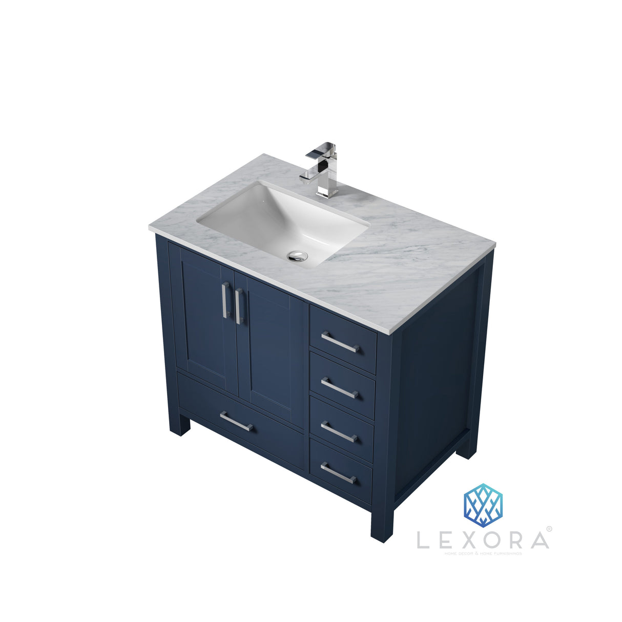 Jacques 36" Navy Blue Single Vanity, White Carrara Marble Top, White Square Sink and 34" Mirror w/ Faucet - Left Version