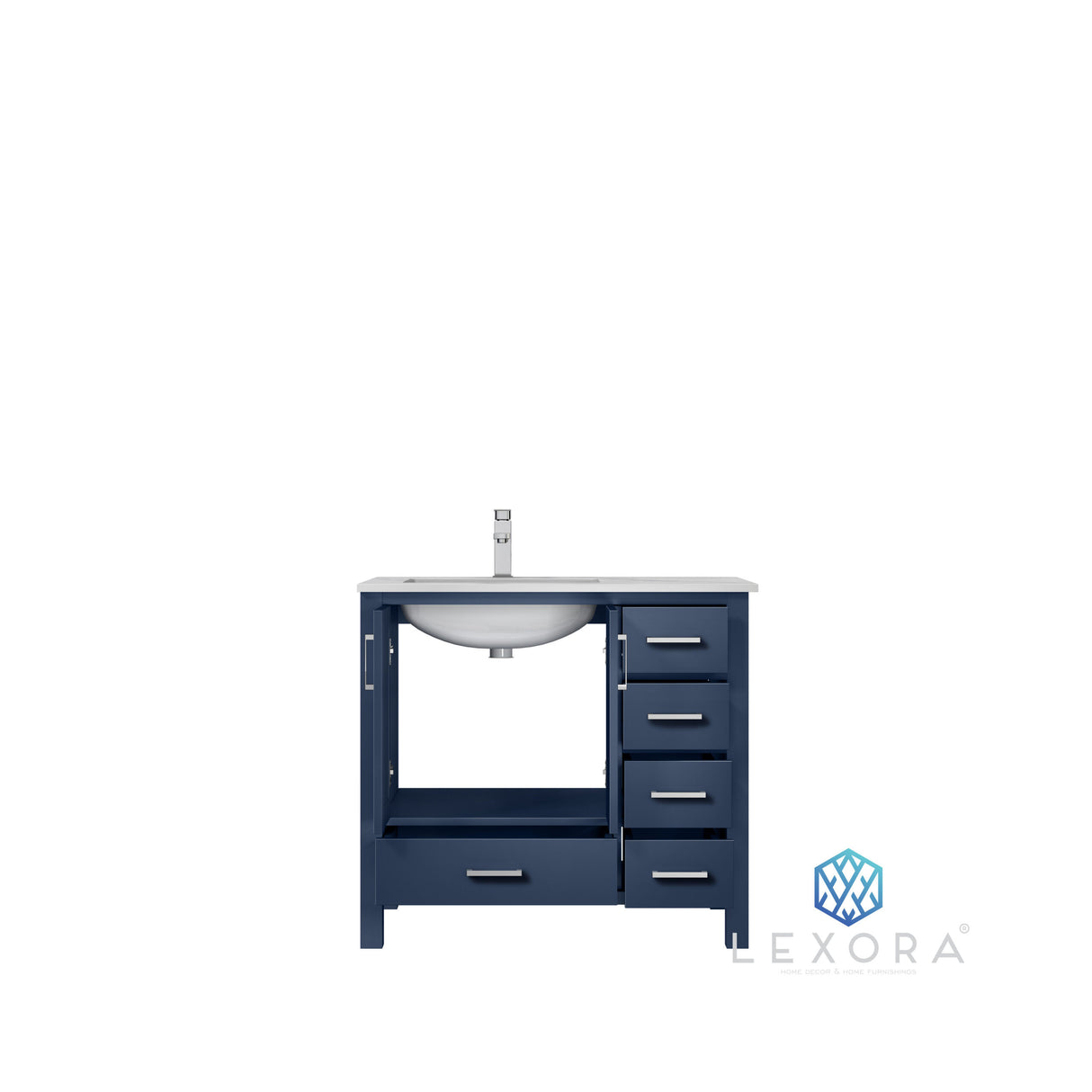 Jacques 36" Navy Blue Single Vanity, White Carrara Marble Top, White Square Sink and 34" Mirror w/ Faucet - Left Version