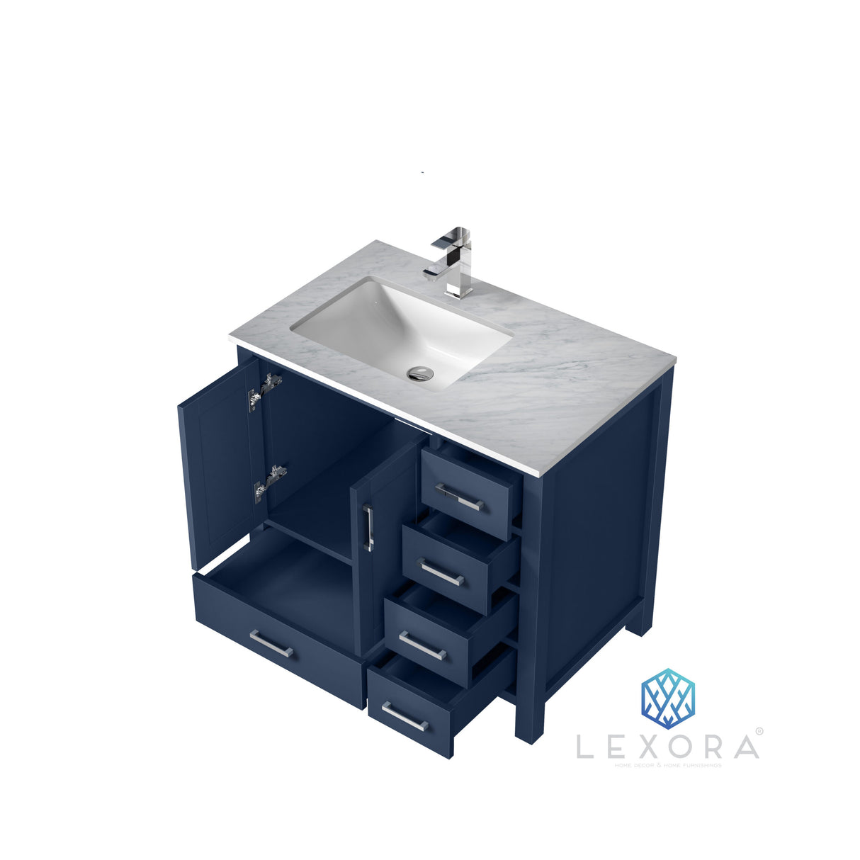 Jacques 36" Navy Blue Single Vanity, White Carrara Marble Top, White Square Sink and 34" Mirror w/ Faucet - Left Version