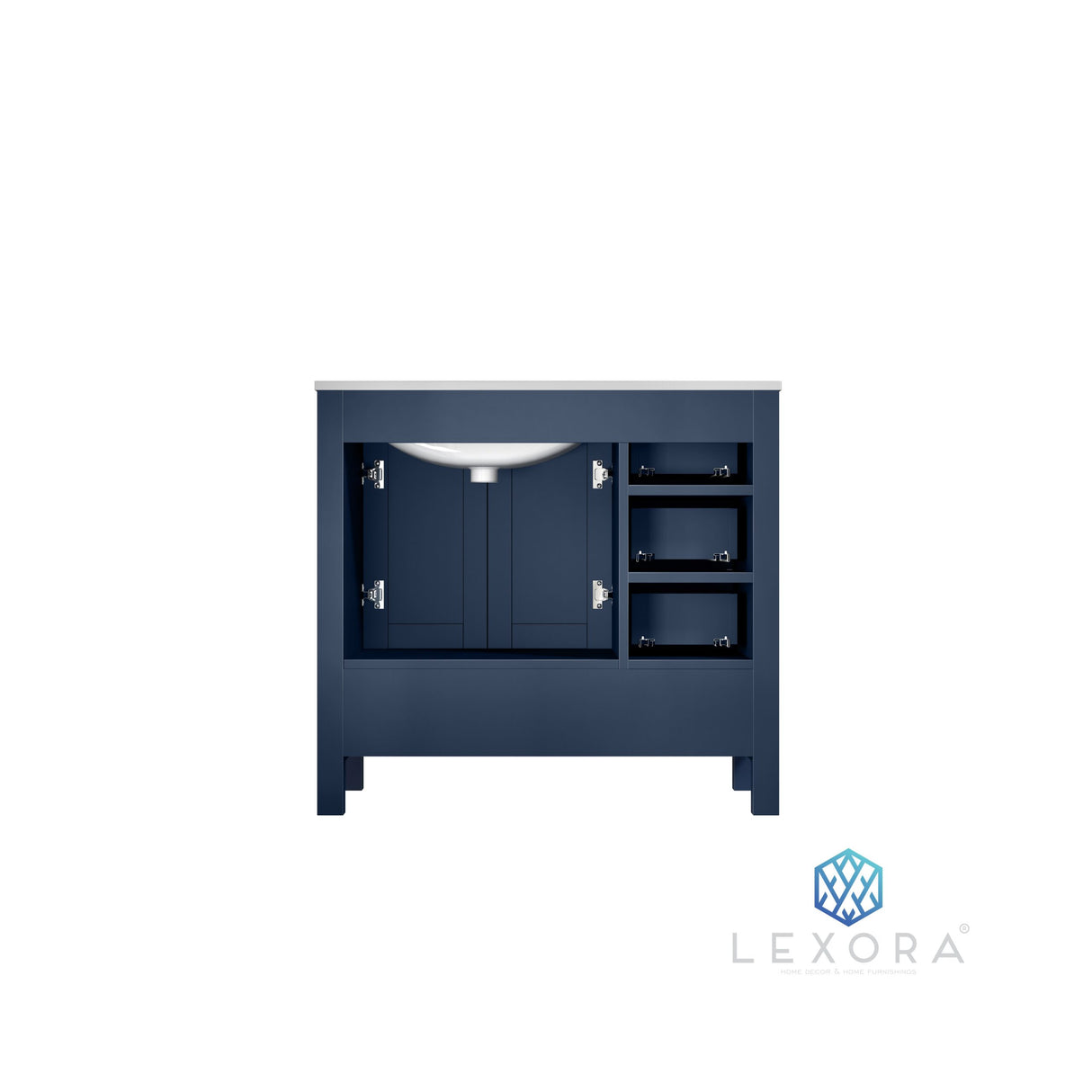 Jacques 36" Navy Blue Single Vanity, White Carrara Marble Top, White Square Sink and 34" Mirror w/ Faucet - Right Version