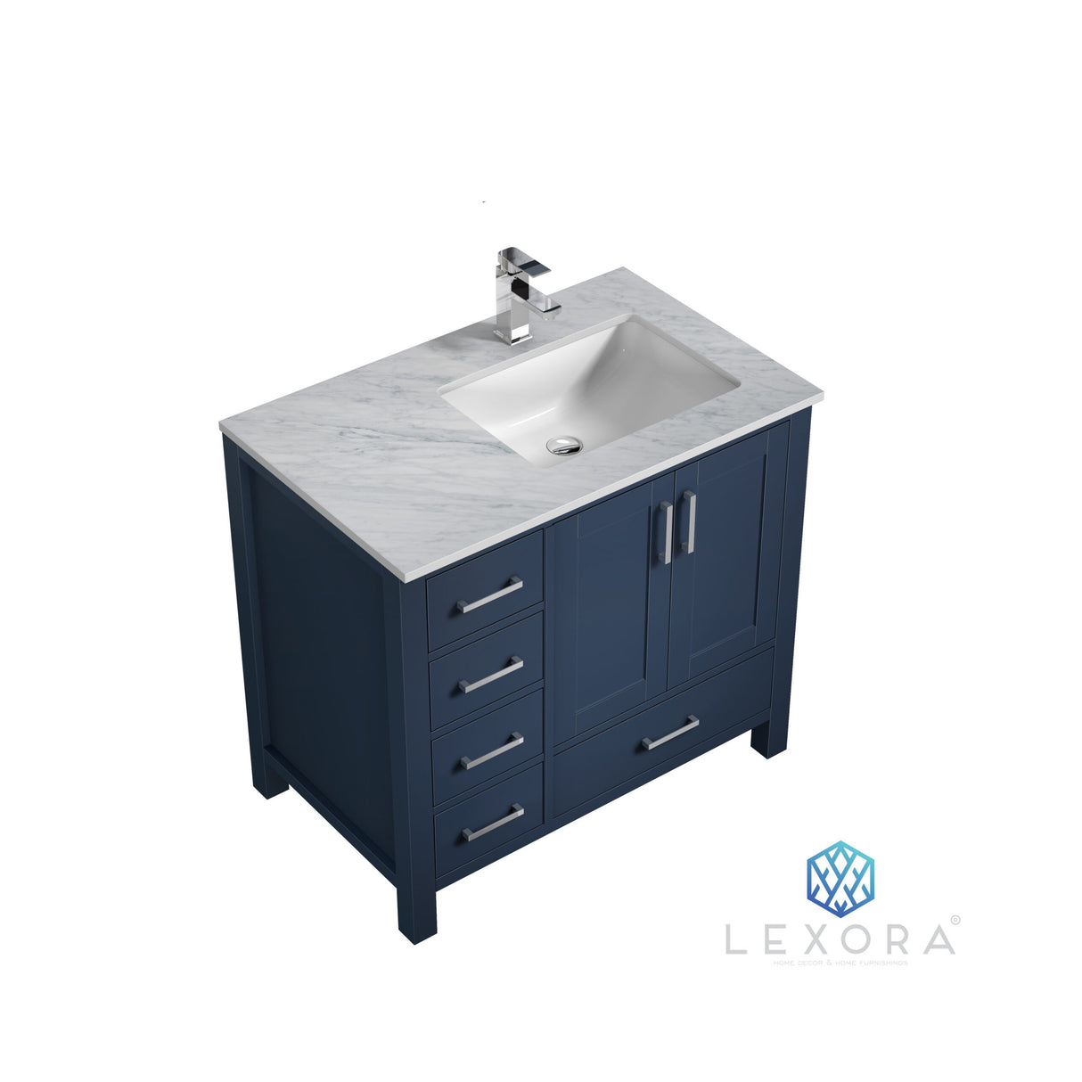 Jacques 36" Navy Blue Single Vanity, White Carrara Marble Top, White Square Sink and 34" Mirror w/ Faucet - Right Version