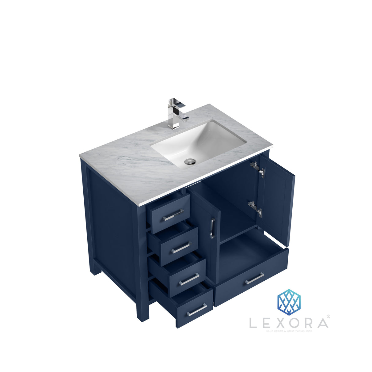 Jacques 36" Navy Blue Single Vanity, White Carrara Marble Top, White Square Sink and 34" Mirror w/ Faucet - Right Version