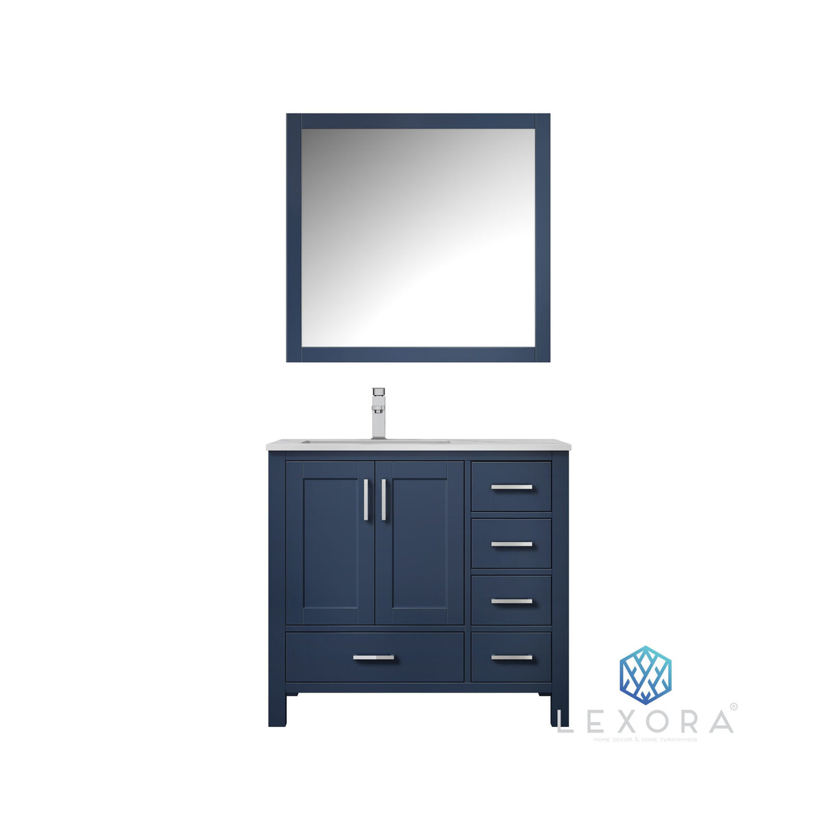 Jacques 36" Navy Blue Single Vanity, White Carrara Marble Top, White Square Sink and 34" Mirror w/ Faucet - Left Version