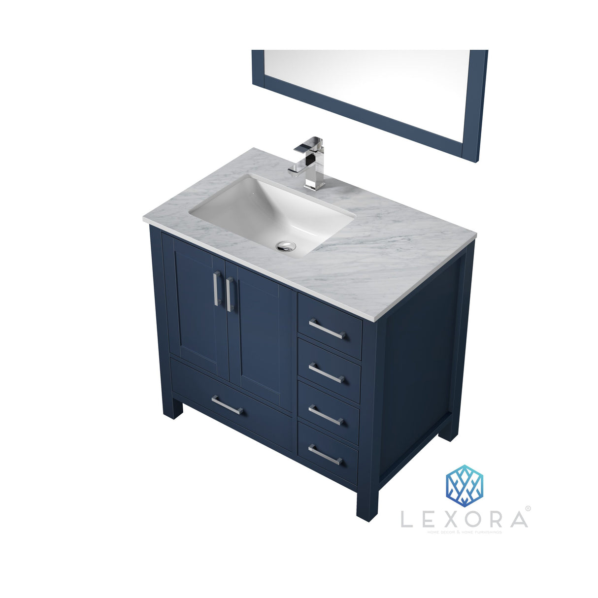 Jacques 36" Navy Blue Single Vanity, White Carrara Marble Top, White Square Sink and 34" Mirror w/ Faucet - Left Version