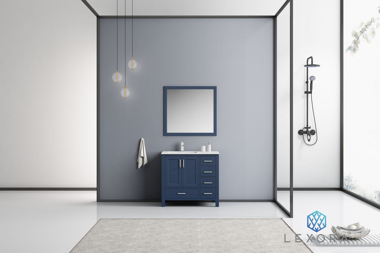 Jacques 36" Navy Blue Single Vanity, White Carrara Marble Top, White Square Sink and 34" Mirror w/ Faucet - Left Version