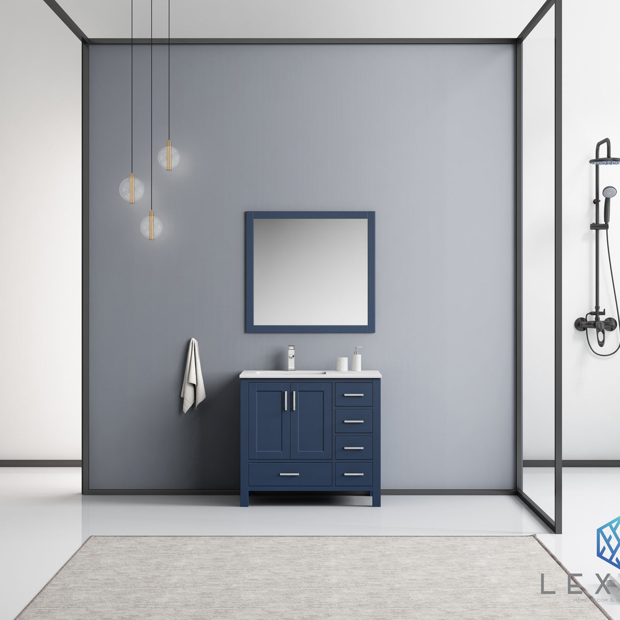 Jacques 36" Navy Blue Single Vanity, White Carrara Marble Top, White Square Sink and 34" Mirror - Left Version