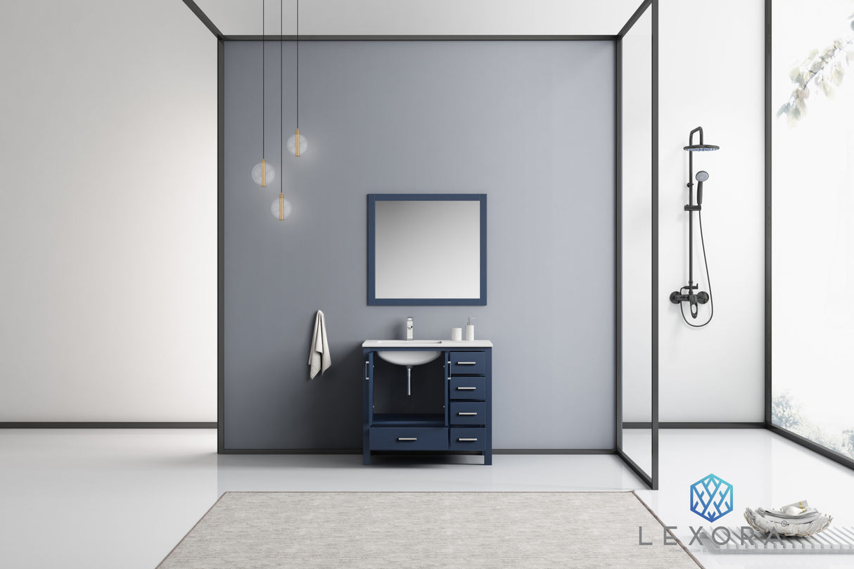 Jacques 36" Navy Blue Single Vanity, White Carrara Marble Top, White Square Sink and 34" Mirror w/ Faucet - Left Version