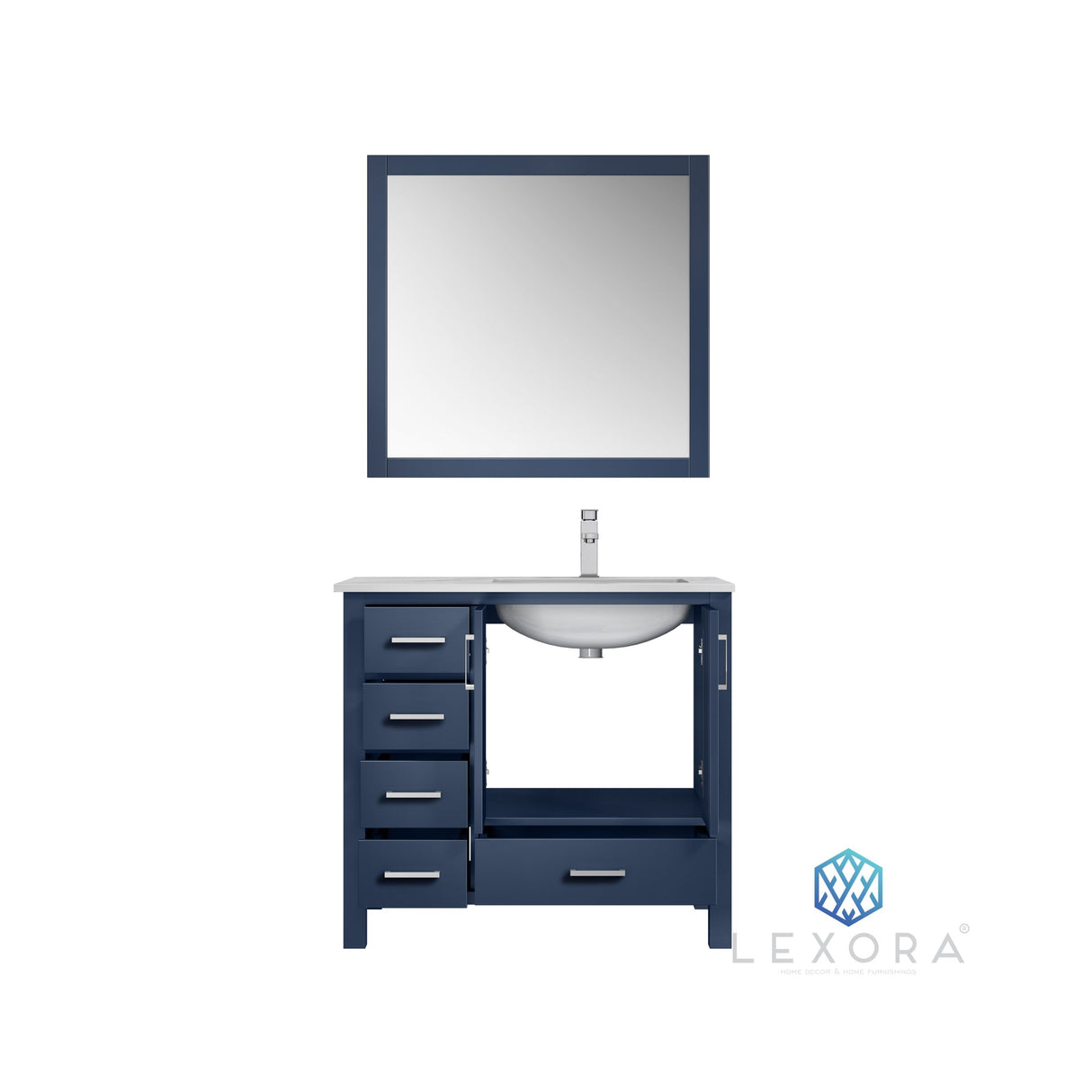 Jacques 36" Navy Blue Single Vanity, White Carrara Marble Top, White Square Sink and 34" Mirror w/ Faucet - Right Version