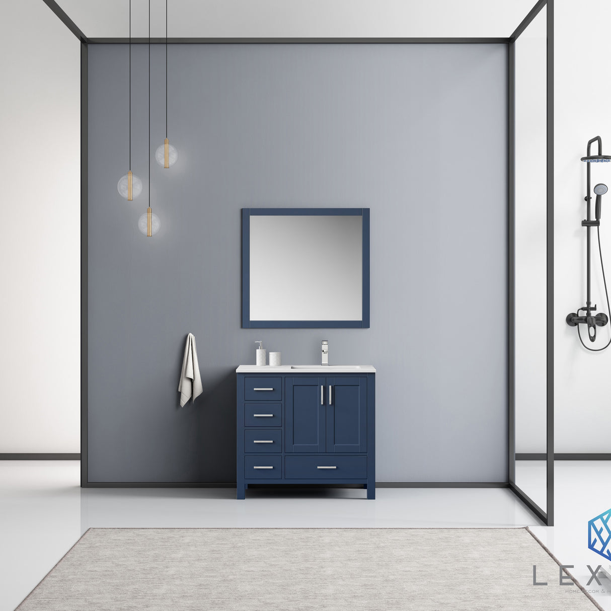 Jacques 36" Navy Blue Single Vanity, White Carrara Marble Top, White Square Sink and 34" Mirror - Right Version