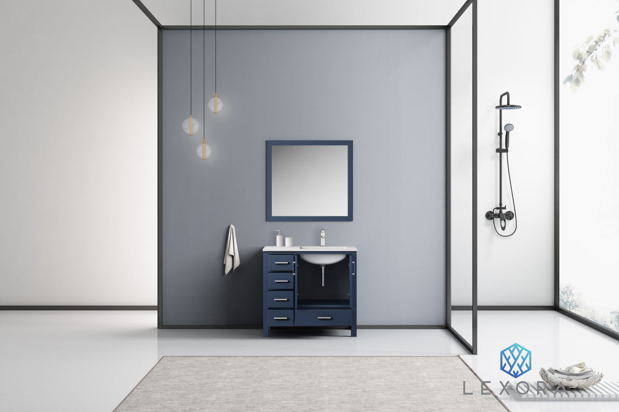 Jacques 36" Navy Blue Single Vanity, White Carrara Marble Top, White Square Sink and 34" Mirror w/ Faucet - Right Version