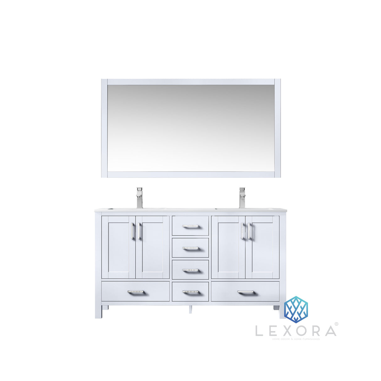 Jacques 60" White Double Vanity, White Carrara Marble Top, White Square Sinks and 58" Mirror