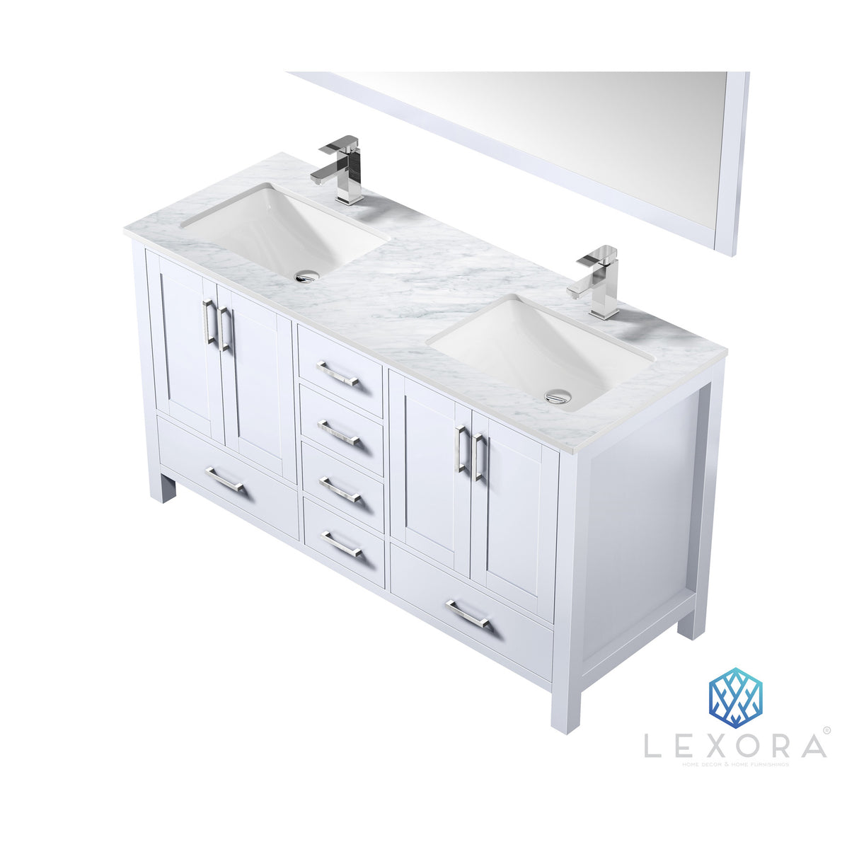 Jacques 60" White Double Vanity, White Carrara Marble Top, White Square Sinks and 58" Mirror