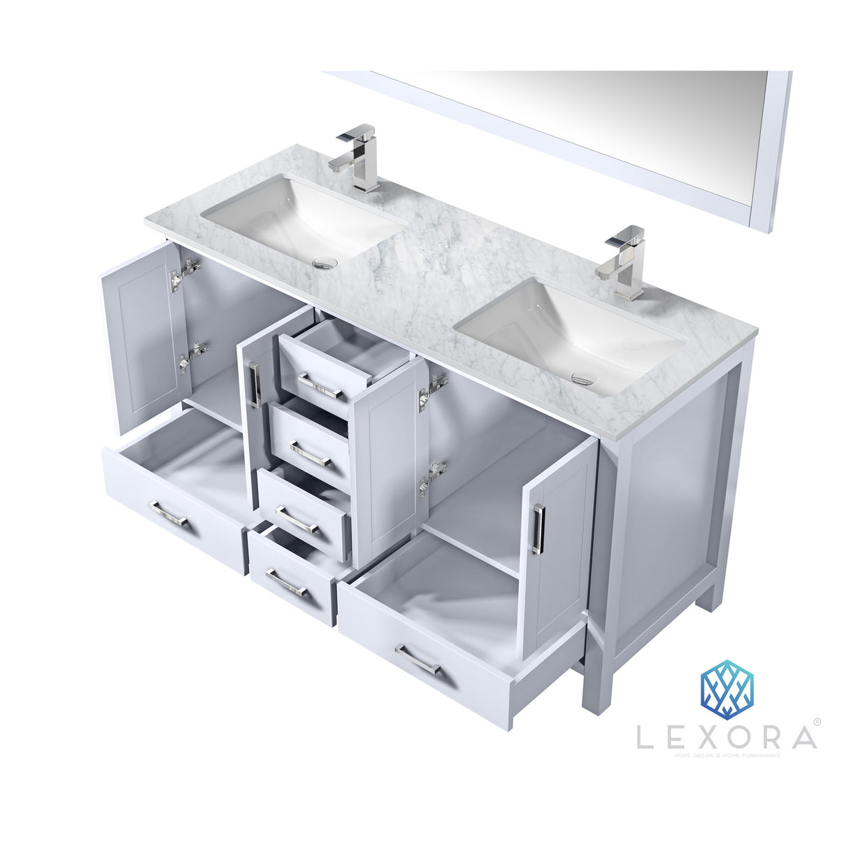 Jacques 60" White Double Vanity, White Carrara Marble Top, White Square Sinks and 58" Mirror