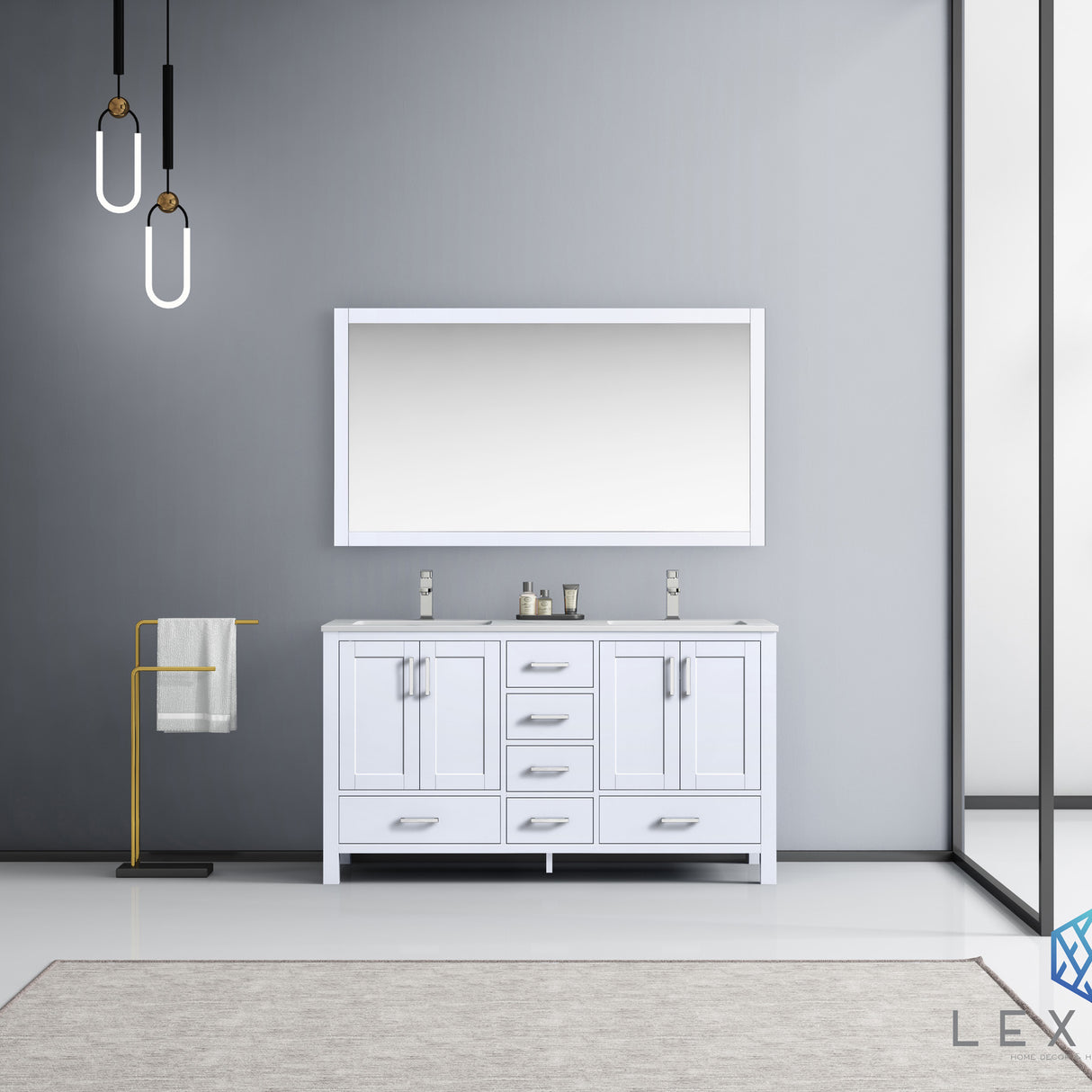 Jacques 60" White Double Vanity, White Carrara Marble Top, White Square Sinks and 58" Mirror
