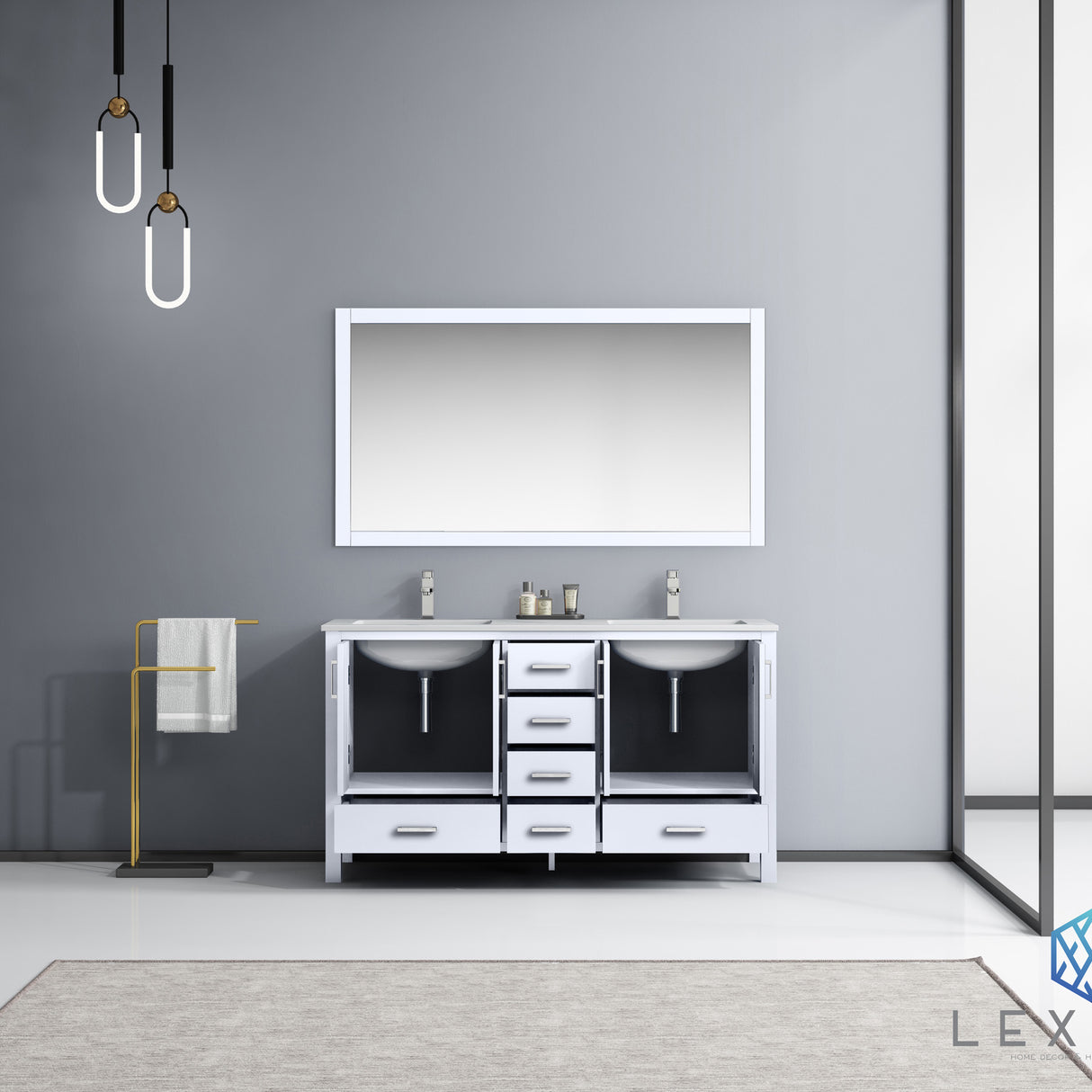 Jacques 60" White Double Vanity, White Carrara Marble Top, White Square Sinks and 58" Mirror
