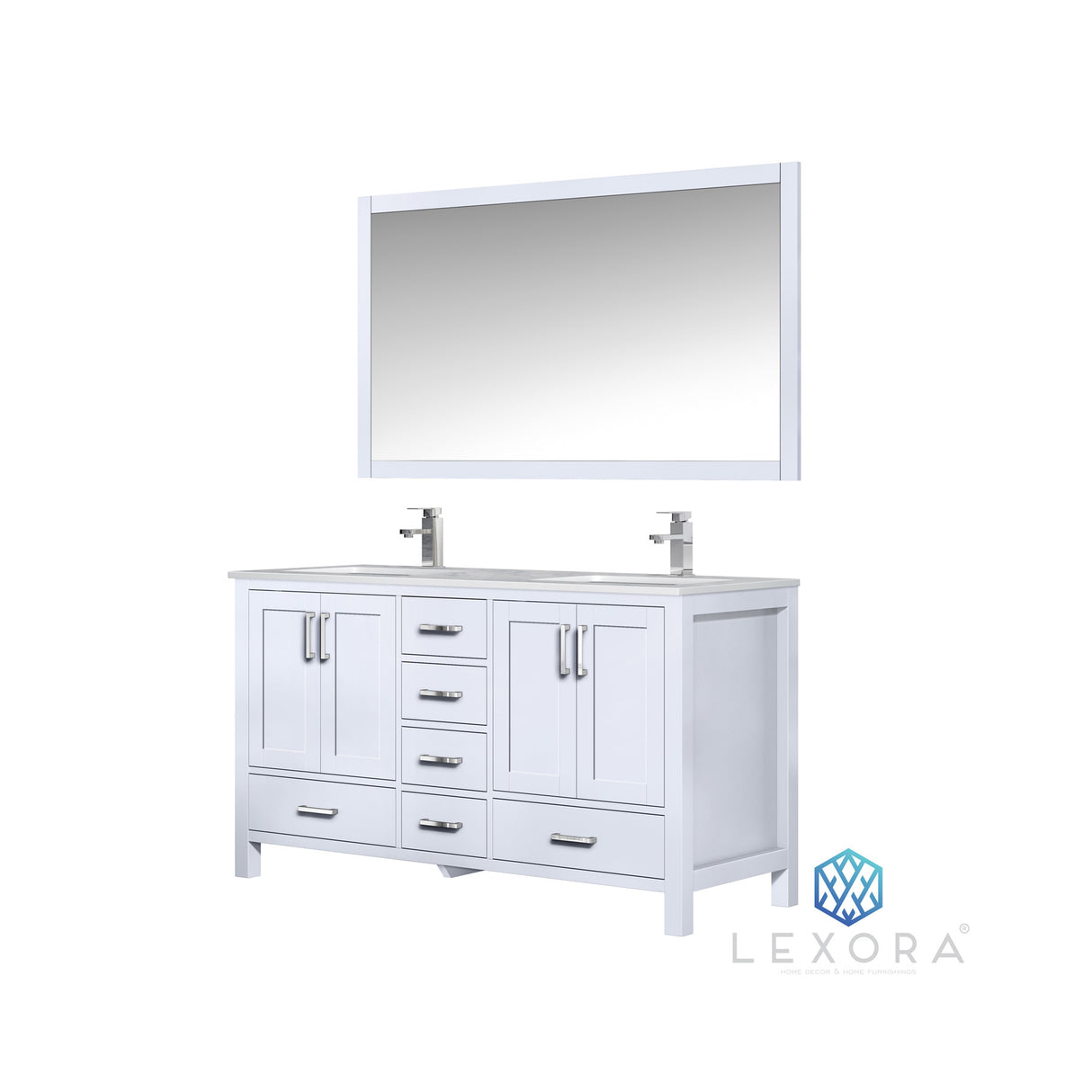 Jacques 60" White Double Vanity, White Carrara Marble Top, White Square Sinks and 58" Mirror