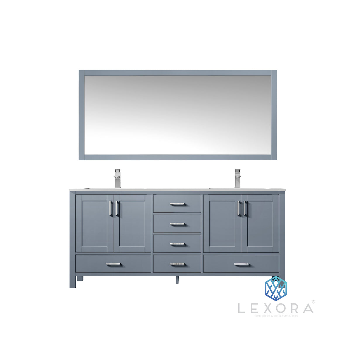 Jacques 72" Dark Grey Double Vanity, White Carrara Marble Top, White Square Sinks and 70" Mirror