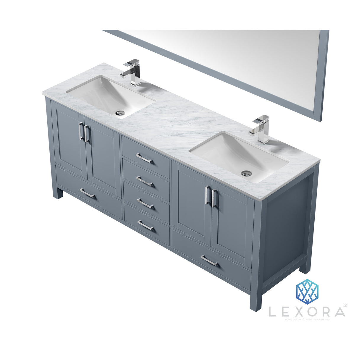 Jacques 72" Dark Grey Double Vanity, White Carrara Marble Top, White Square Sinks and 70" Mirror