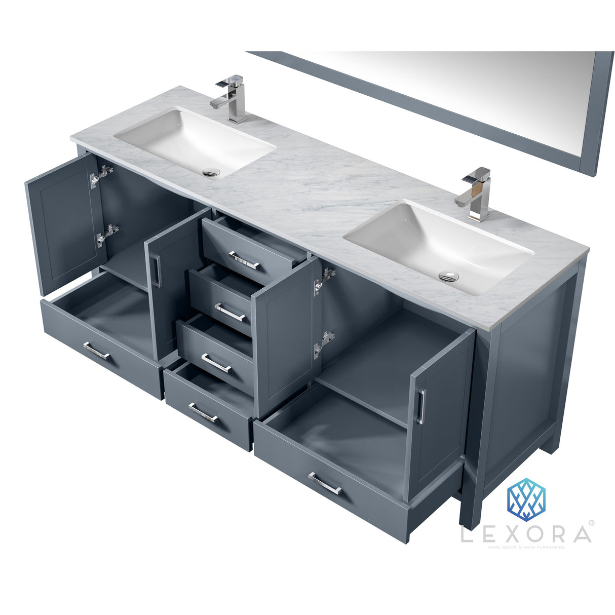 Jacques 72" Dark Grey Double Vanity, White Carrara Marble Top, White Square Sinks and 70" Mirror