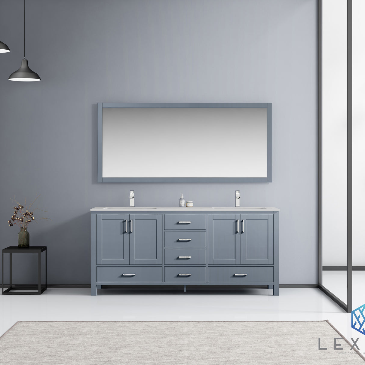 Jacques 72" Dark Grey Double Vanity, White Carrara Marble Top, White Square Sinks and 70" Mirror