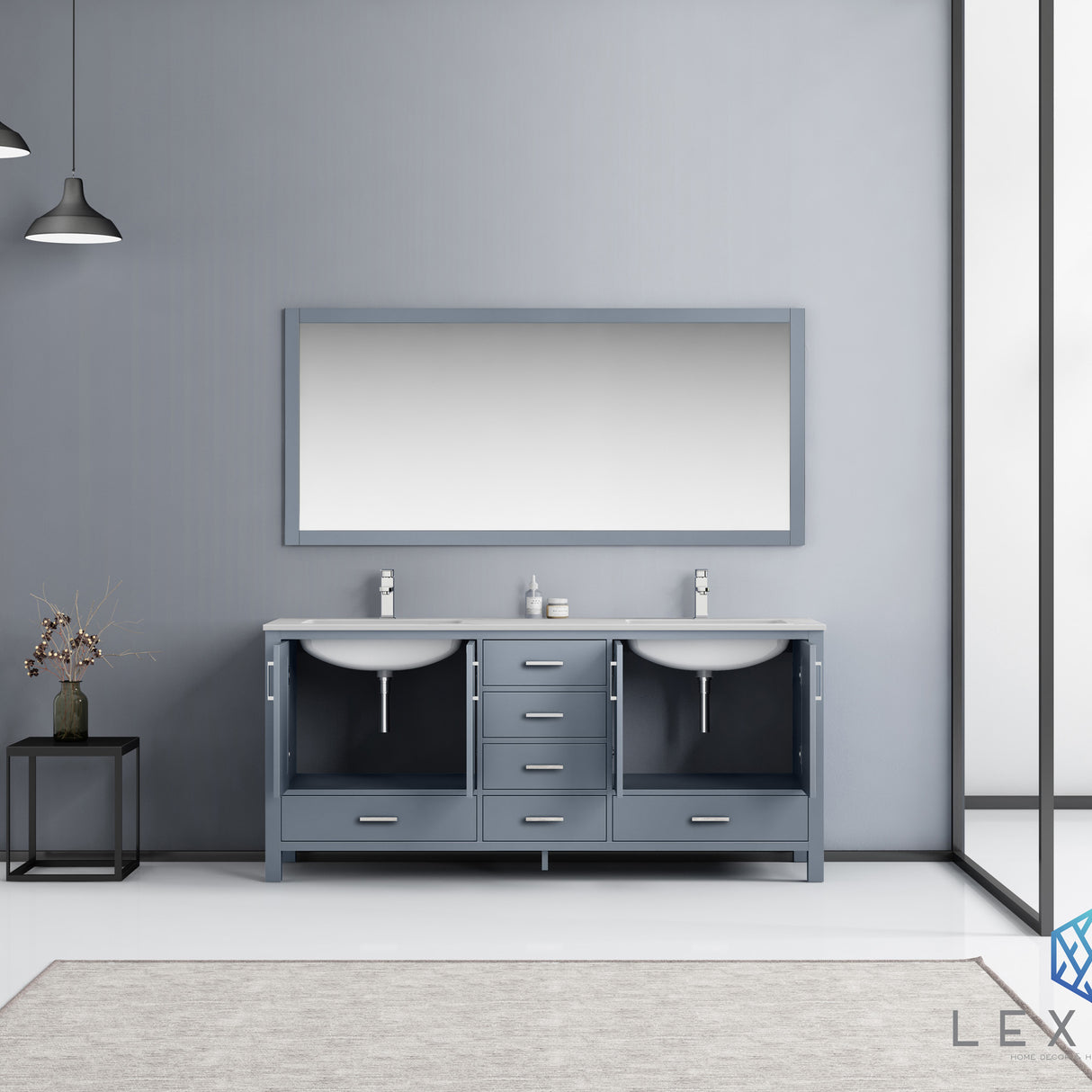 Jacques 72" Dark Grey Double Vanity, White Carrara Marble Top, White Square Sinks and 70" Mirror