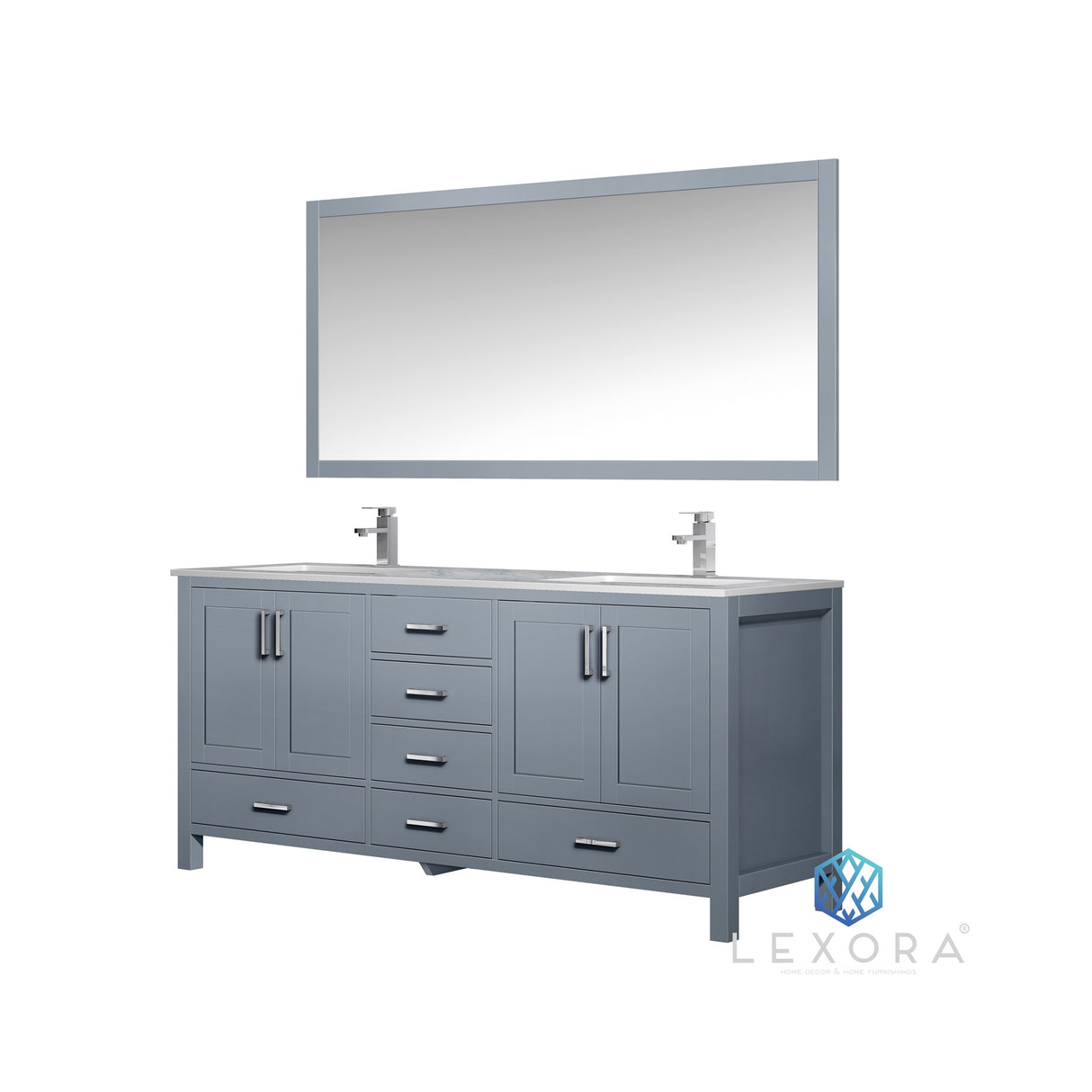 Jacques 72" Dark Grey Double Vanity, White Carrara Marble Top, White Square Sinks and 70" Mirror