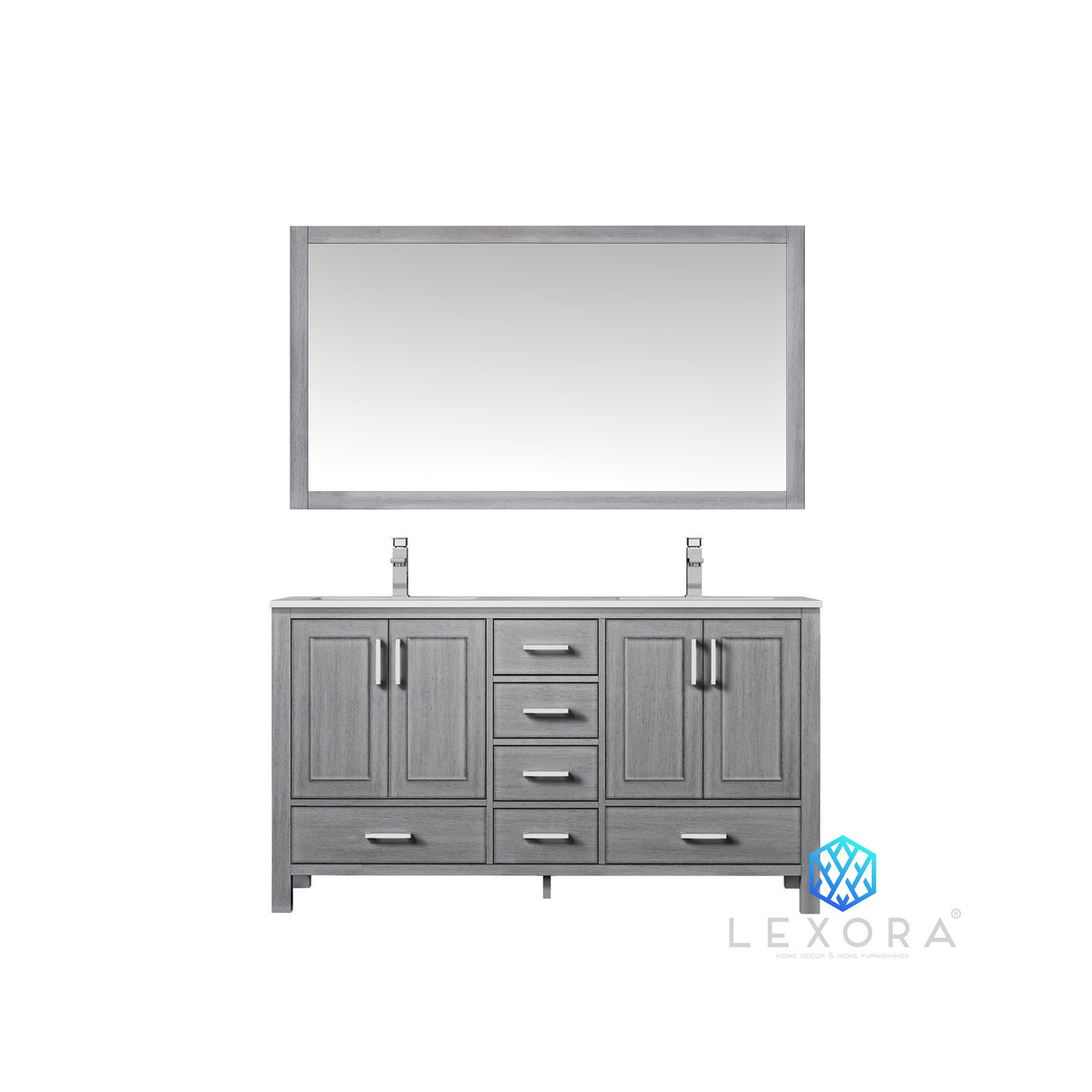Jacques 60" Distressed Grey Double Vanity, White Carrara Marble Top, White Square Sinks and 58" Mirror