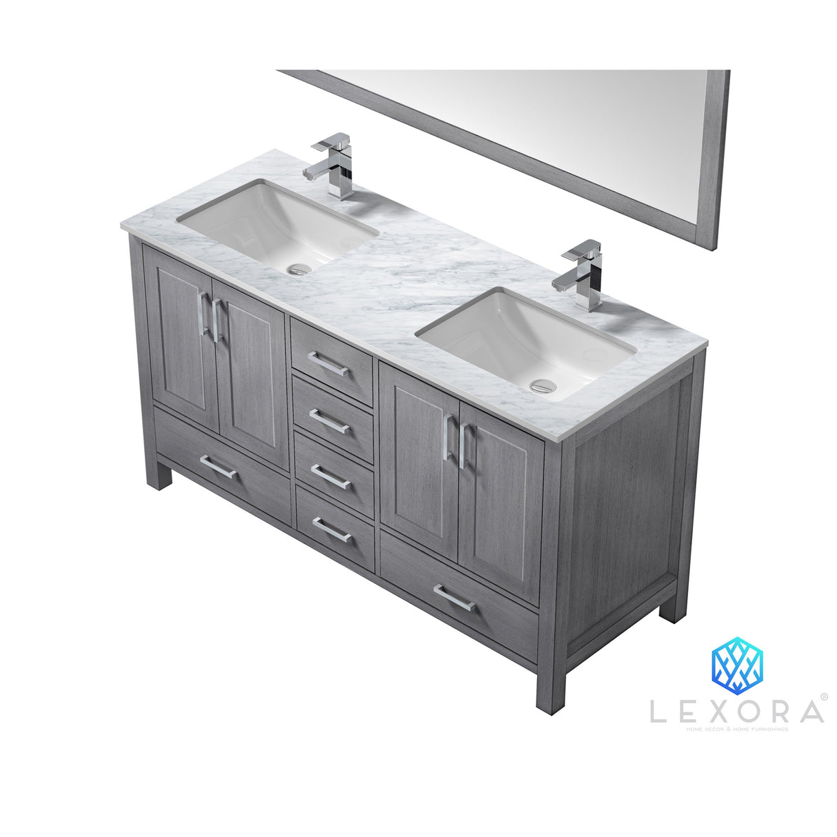 Jacques 60" Distressed Grey Double Vanity, White Carrara Marble Top, White Square Sinks and 58" Mirror