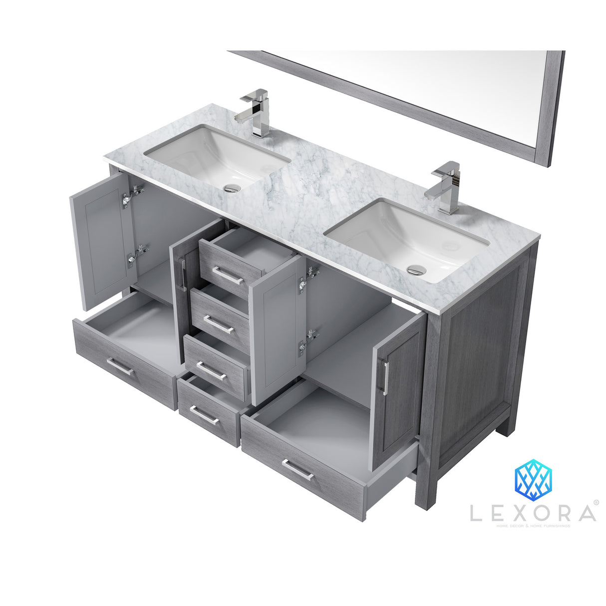 Jacques 60" Distressed Grey Double Vanity, White Carrara Marble Top, White Square Sinks and 58" Mirror