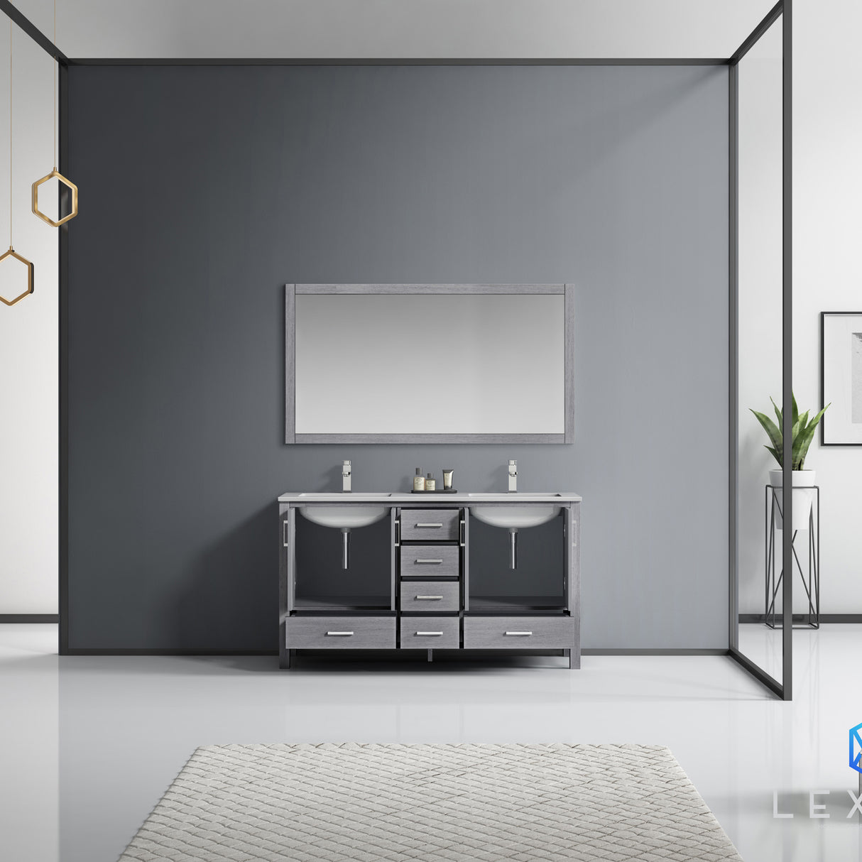 Jacques 60" Distressed Grey Double Vanity, White Carrara Marble Top, White Square Sinks and 58" Mirror