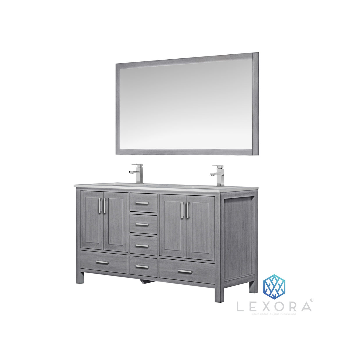 Jacques 60" Distressed Grey Double Vanity, White Carrara Marble Top, White Square Sinks and 58" Mirror