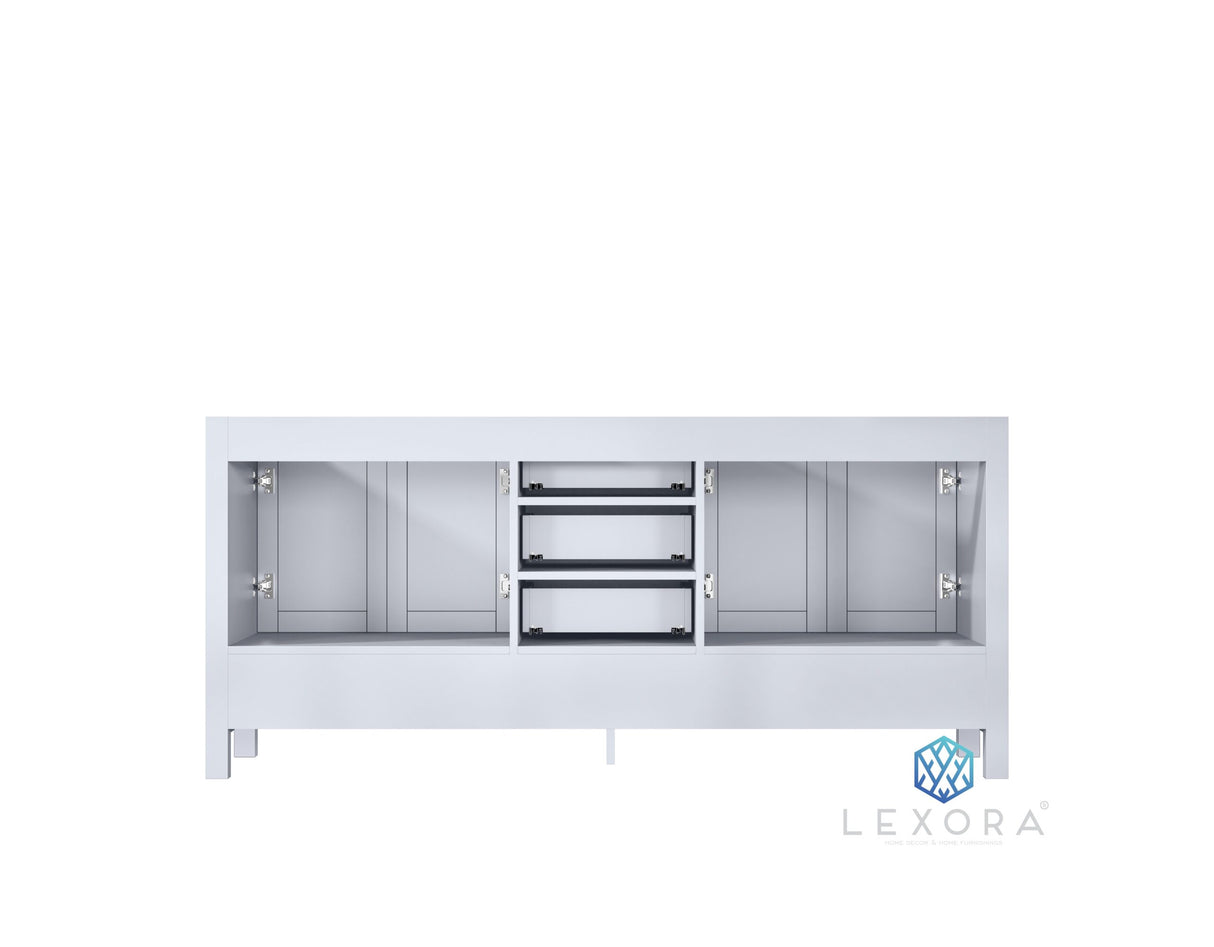 Jacques 72" White Double Vanity, White Carrara Marble Top, White Square Sinks and 70" Mirror w/ Faucets