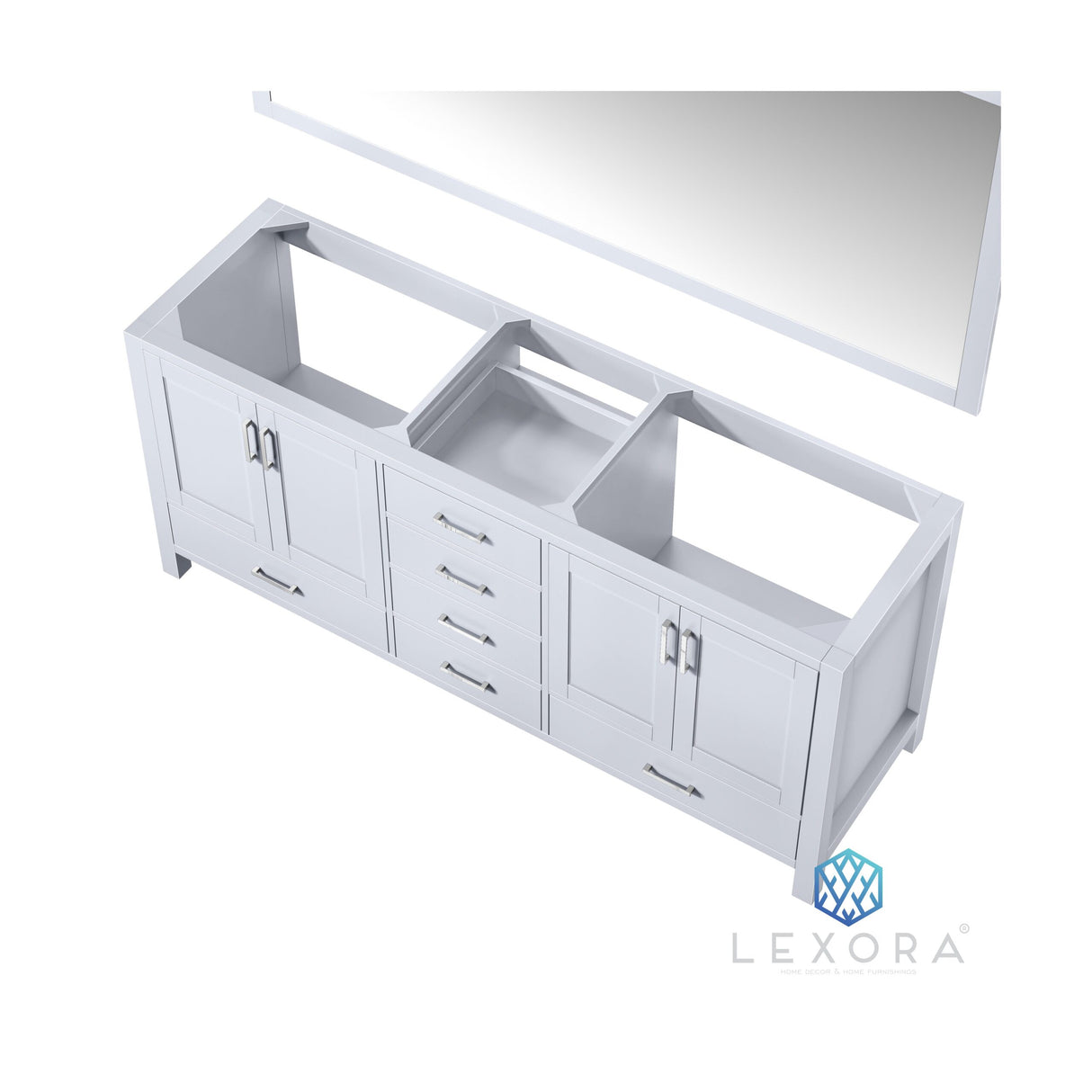 Jacques 72" White Double Vanity, White Carrara Marble Top, White Square Sinks and 70" Mirror w/ Faucets