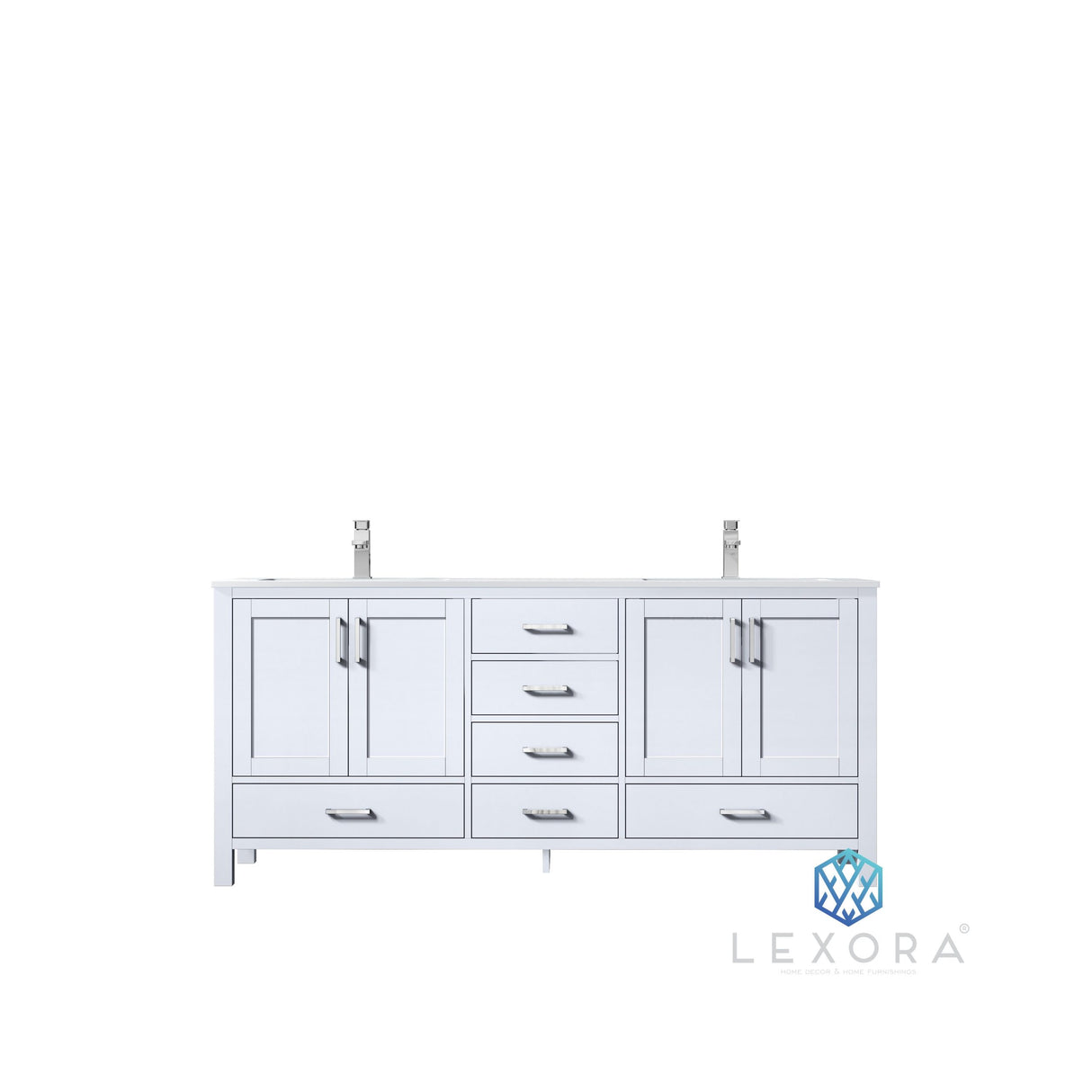 Jacques 72" White Double Vanity, White Carrara Marble Top, White Square Sinks and 70" Mirror w/ Faucets