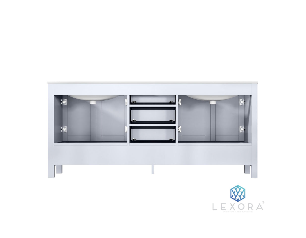 Jacques 72" White Double Vanity, White Carrara Marble Top, White Square Sinks and 70" Mirror w/ Faucets