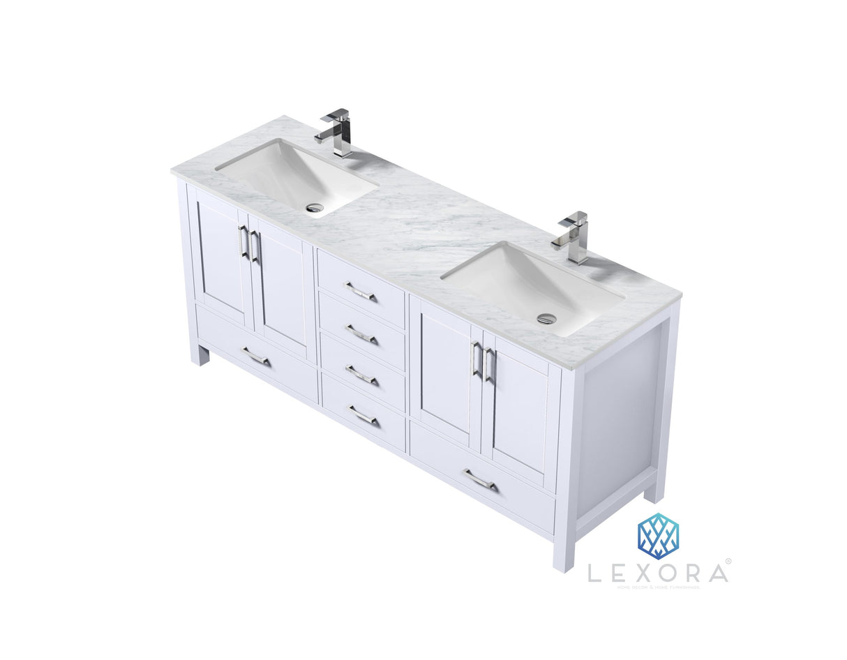 Jacques 72" White Double Vanity, White Carrara Marble Top, White Square Sinks and 70" Mirror w/ Faucets