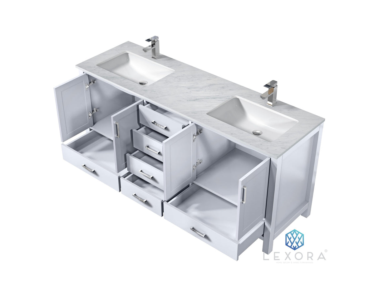 Jacques 72" White Double Vanity, White Carrara Marble Top, White Square Sinks and 70" Mirror w/ Faucets