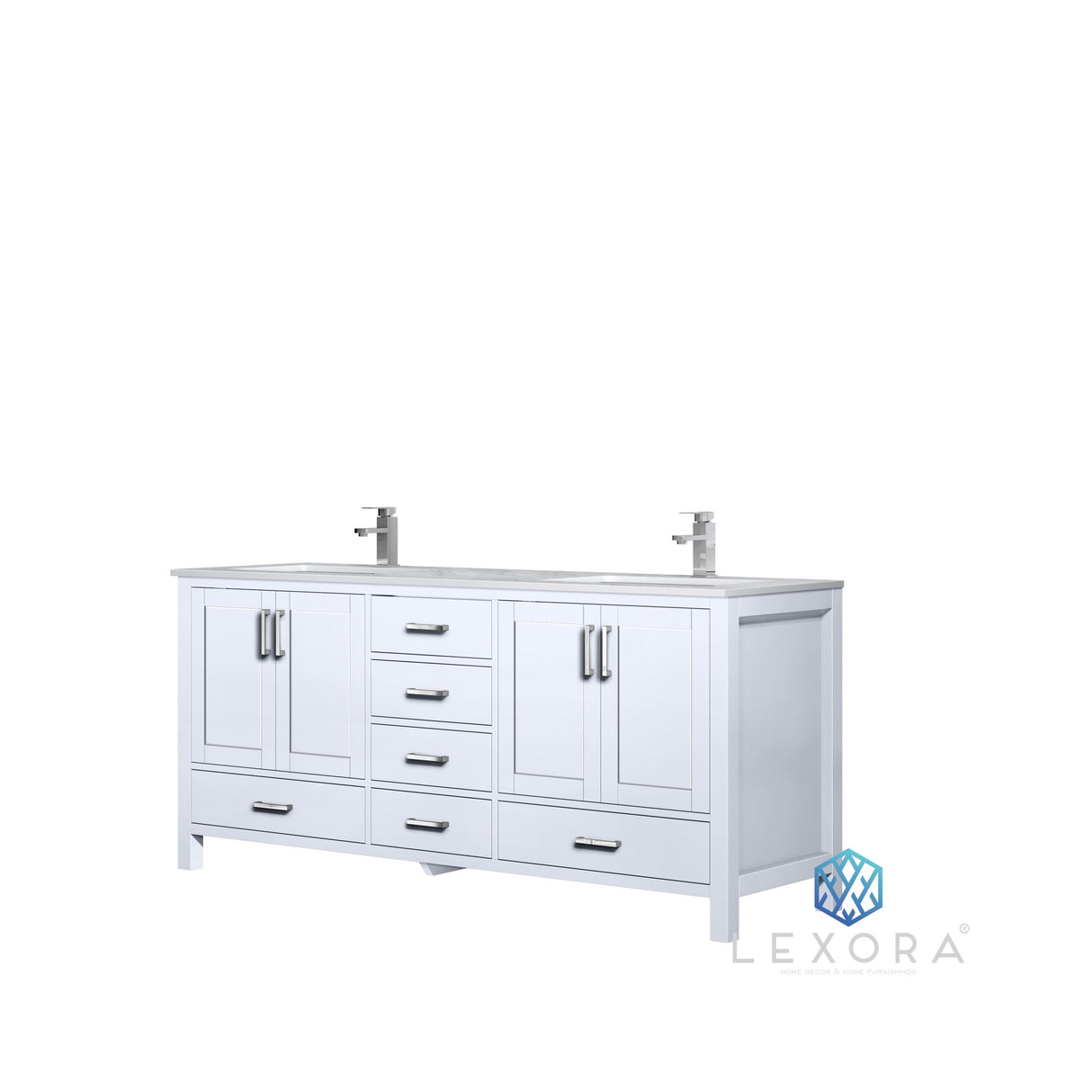 Jacques 72" White Double Vanity, White Carrara Marble Top, White Square Sinks and 70" Mirror w/ Faucets