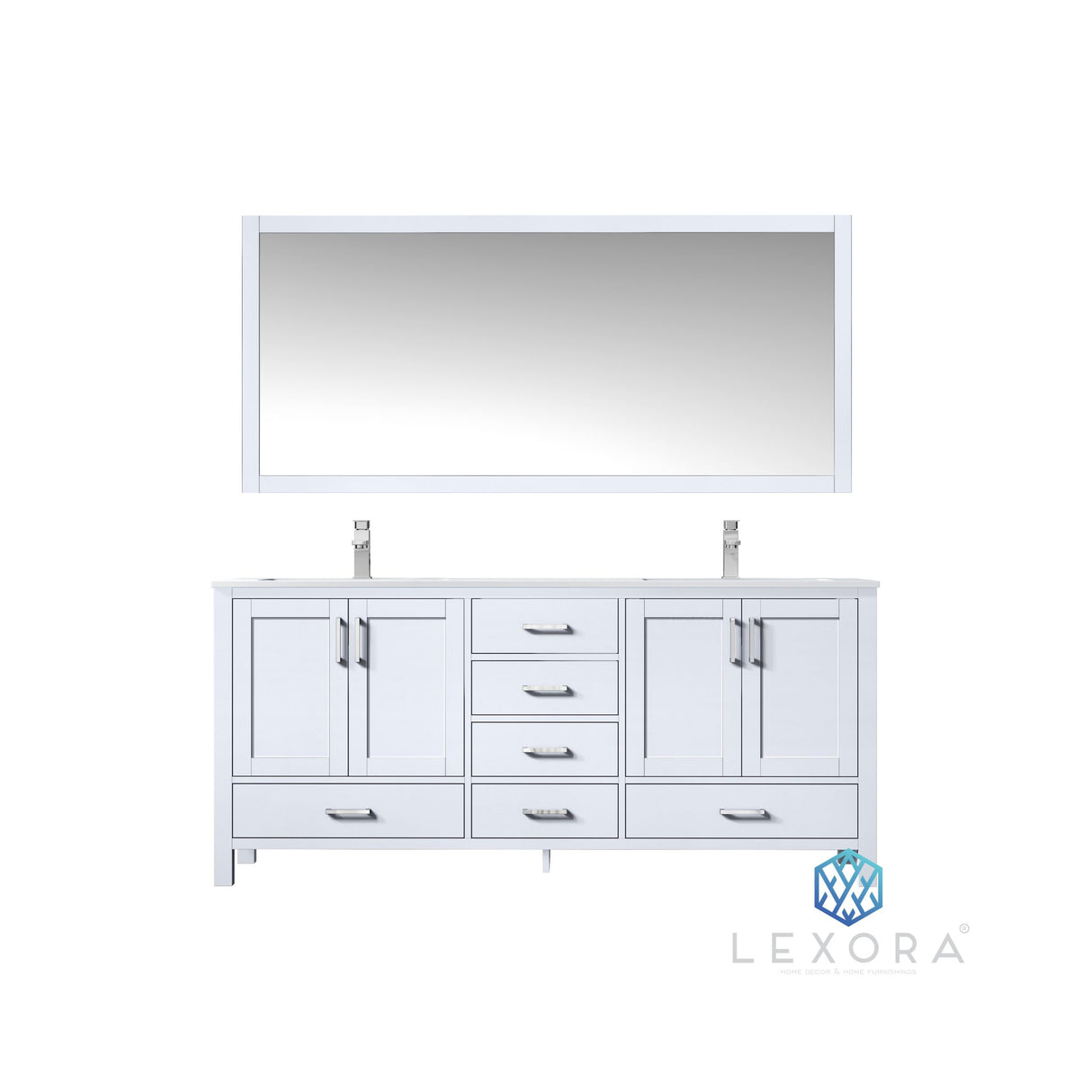 Jacques 72" White Double Vanity, White Carrara Marble Top, White Square Sinks and 70" Mirror w/ Faucets