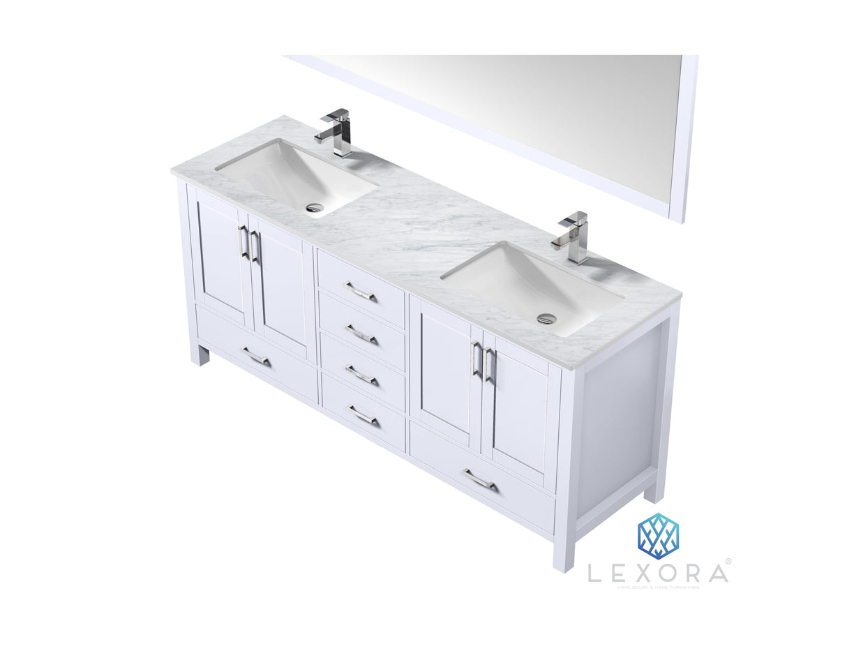 Jacques 72" White Double Vanity, White Carrara Marble Top, White Square Sinks and 70" Mirror w/ Faucets
