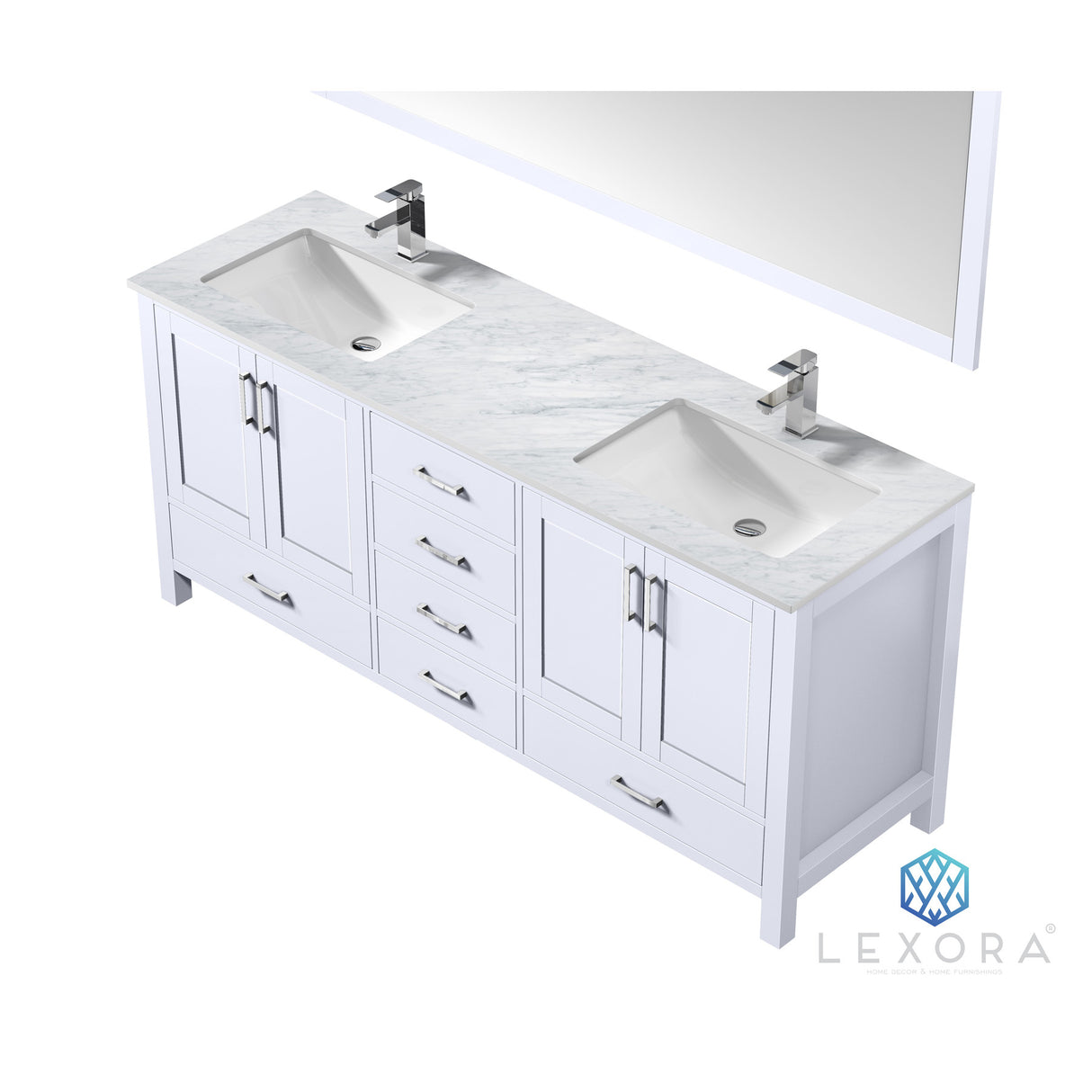 Jacques 72" White Double Vanity, White Carrara Marble Top, White Square Sinks and 70" Mirror