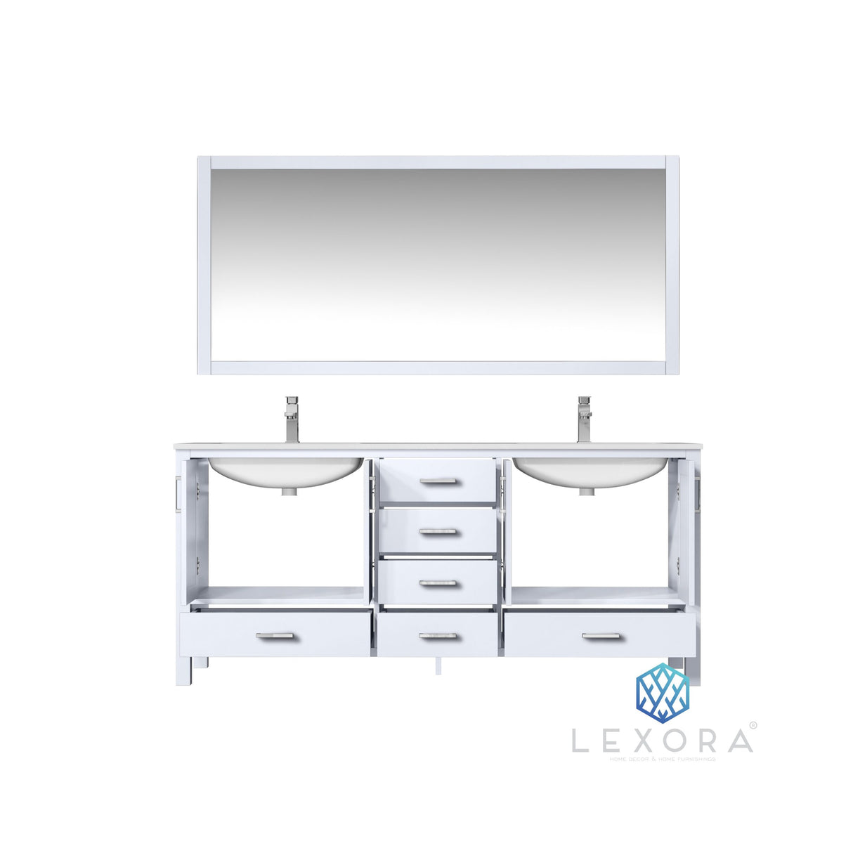 Jacques 72" White Double Vanity, White Carrara Marble Top, White Square Sinks and 70" Mirror w/ Faucets