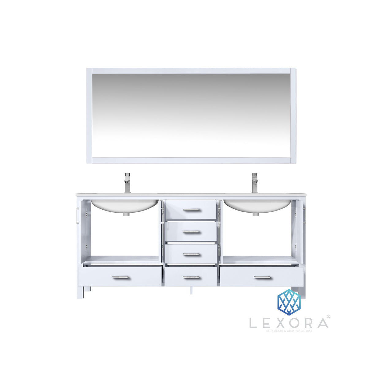 Jacques 72" White Double Vanity, White Carrara Marble Top, White Square Sinks and 70" Mirror