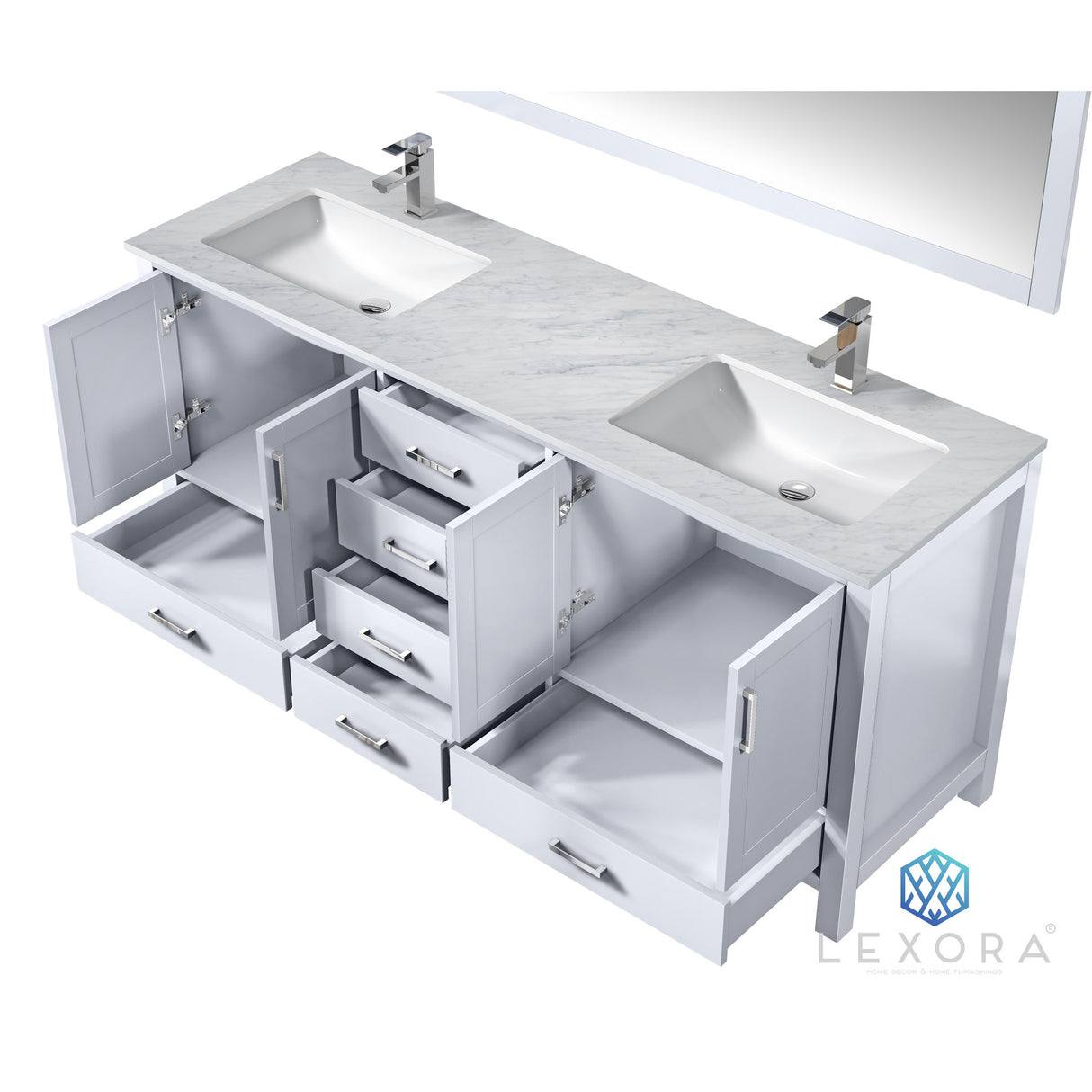 Jacques 72" White Double Vanity, White Carrara Marble Top, White Square Sinks and 70" Mirror