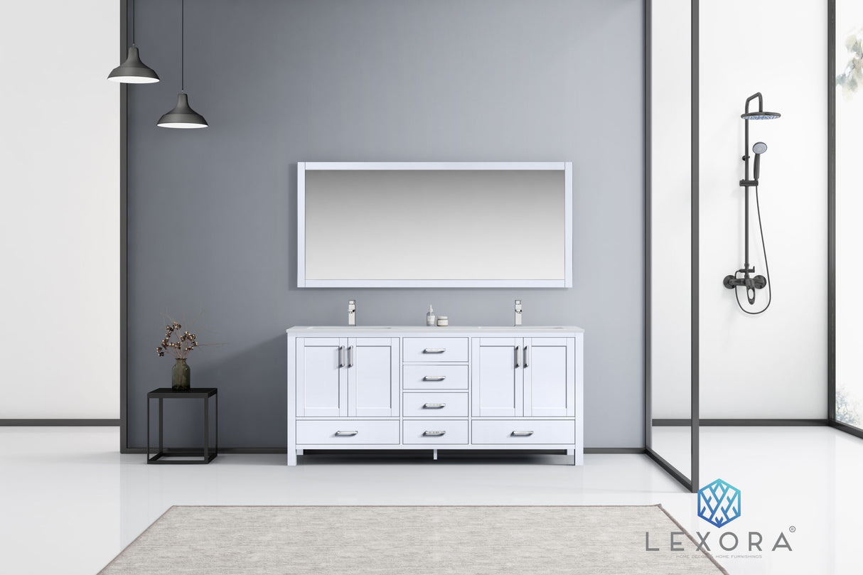 Jacques 72" White Double Vanity, White Carrara Marble Top, White Square Sinks and 70" Mirror w/ Faucets
