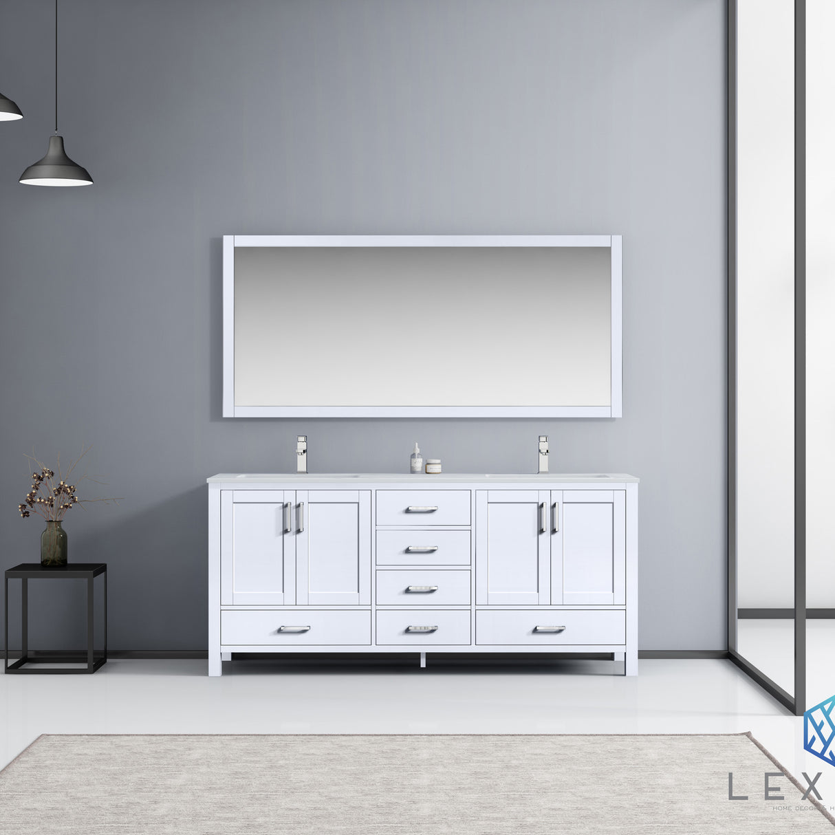 Jacques 72" White Double Vanity, White Carrara Marble Top, White Square Sinks and 70" Mirror